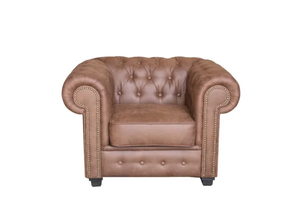 Product shot of the Astor Armchair in Arizona Brown, showcasing its high-quality fabric, deep button-tufting, and unique diamante embellishments.