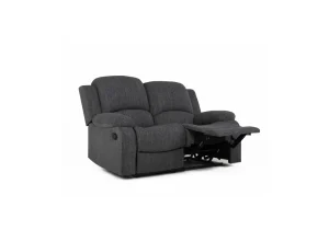 A comfortable two-seater recliner sofa in a soft mushroom grey colour, showing both seats in a reclined position for ultimate relaxation.