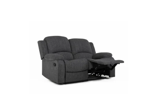 A comfortable two-seater recliner sofa in a soft mushroom grey colour, showing both seats in a reclined position for ultimate relaxation.