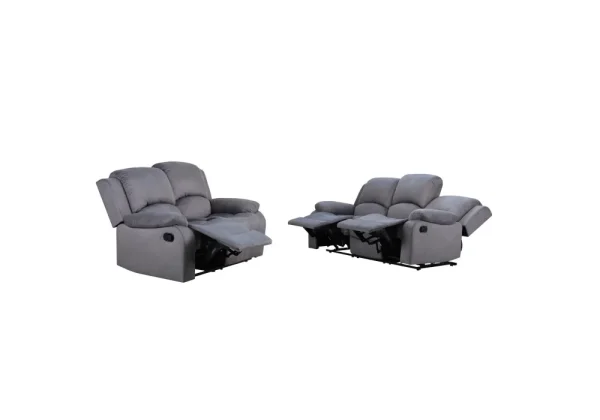 The Boston Recliner 3+2 sofa set in a neutral Keeper Mushroom fabric, showcasing its modern design and manual recliner seats.