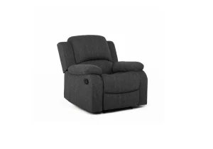 Modern recliner armchair in light mushroom grey fabric, featuring a manual recliner mechanism for ultimate relaxation.