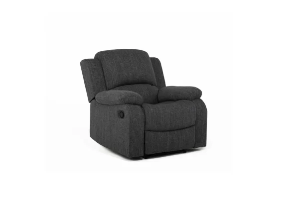 Modern recliner armchair in light mushroom grey fabric, featuring a manual recliner mechanism for ultimate relaxation.