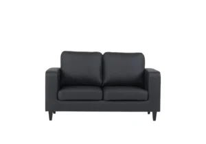 A compact charcoal grey fabric sofa for two, with clean lines and elegant black legs, ideal for a modern living space.