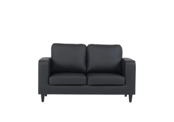 A compact charcoal grey fabric sofa for two, with clean lines and elegant black legs, ideal for a modern living space.