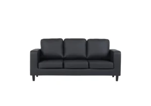 A contemporary charcoal grey fabric sofa for three, with clean lines and elegant black legs, ideal for a modern living room.