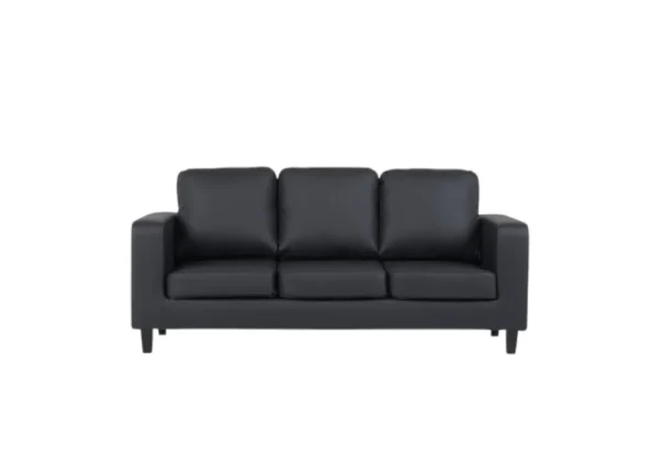 A contemporary charcoal grey fabric sofa for three, with clean lines and elegant black legs, ideal for a modern living room.