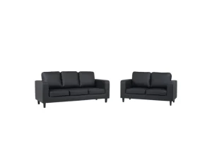 Modern 3-seater and 2-seater sofa set in charcoal grey fabric, featuring a minimalist frame with black legs.