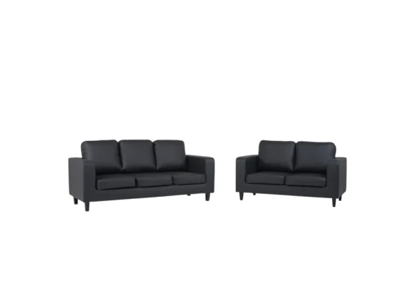Modern 3-seater and 2-seater sofa set in charcoal grey fabric, featuring a minimalist frame with black legs.