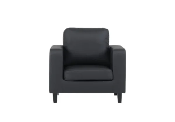A compact charcoal grey fabric armchair with a minimalist design, clean lines, and elegant black legs.