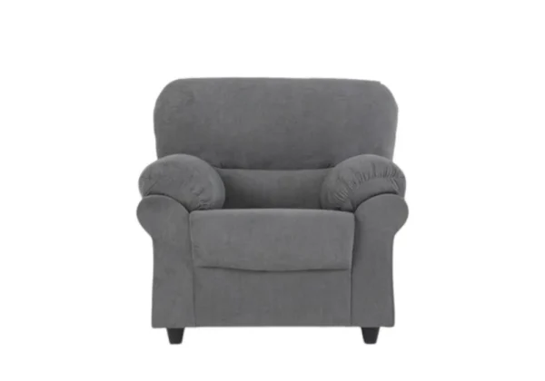 The Candy collection's contemporary armchair in a charcoal grey Graceland Graphite fabric, placed in a modern living room.