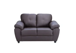 A compact, contemporary grey sofa for a small living room, featuring tufted cushions and rounded armrests.