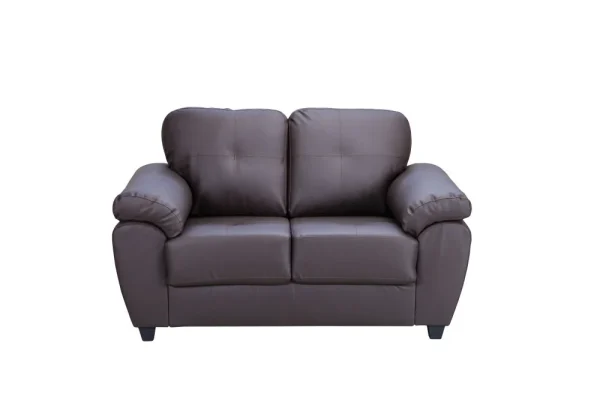 A compact, contemporary grey sofa for a small living room, featuring tufted cushions and rounded armrests.
