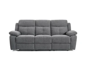 A contemporary lounge with the grey Caro 3-seater manual recliner sofa, demonstrating its reclined position with footrest extended.