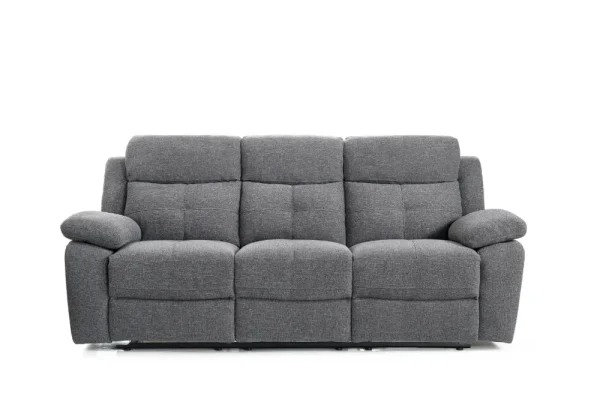 A contemporary lounge with the grey Caro 3-seater manual recliner sofa, demonstrating its reclined position with footrest extended.