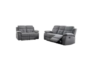 A modern grey fabric 3+2-seater manual recliner sofa set, showing a three-seater and a two-seater arranged in a living room.
