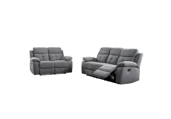 A modern grey fabric 3+2-seater manual recliner sofa set, showing a three-seater and a two-seater arranged in a living room.