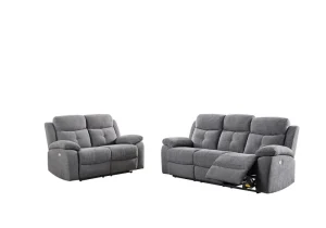 Grey modern electric recliner sofa and loveseat set.