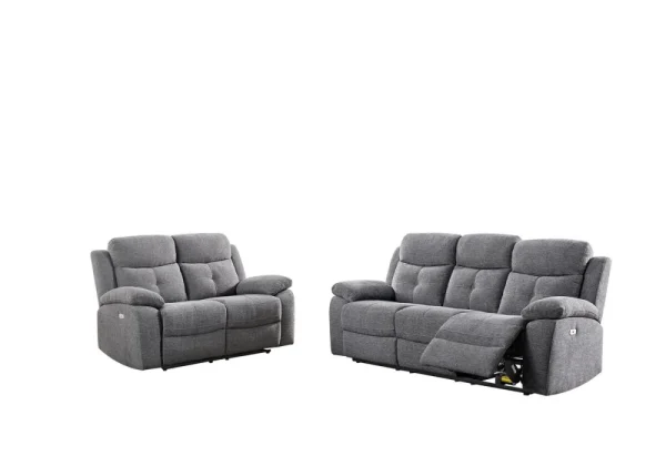 Grey modern electric recliner sofa and loveseat set.
