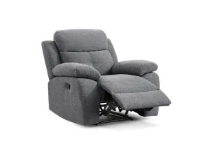 A modern grey fabric armchair with a manual reclining function, shown in a living room setting.