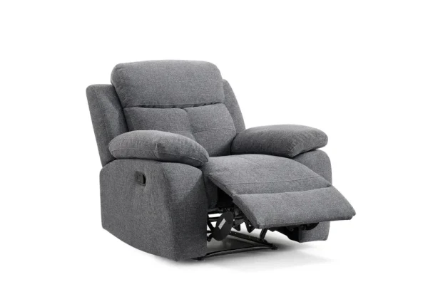 A modern grey fabric armchair with a manual reclining function, shown in a living room setting.