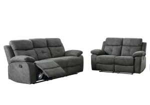 The Conan recliner sofa set in elegant grey fabric, featuring a three-seater and two-seater with smooth recline mechanisms and plush cushions.