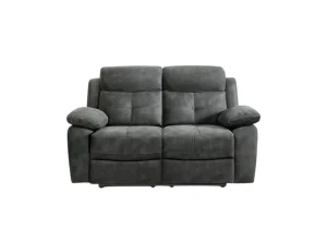 Grey modern recliner loveseat with curved arms.