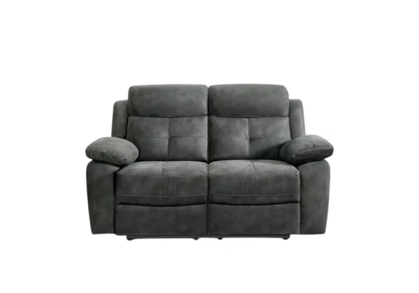 Grey modern recliner loveseat with curved arms.