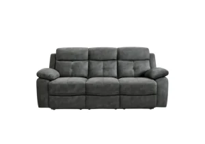 Grey modern recliner sofa with curved arms.