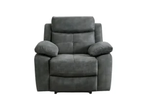 The Conan recliner armchair in luxurious grey fabric, showcasing its smooth recline mechanism and padded armrests.