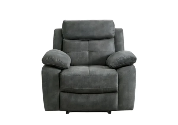 The Conan recliner armchair in luxurious grey fabric, showcasing its smooth recline mechanism and padded armrests.
