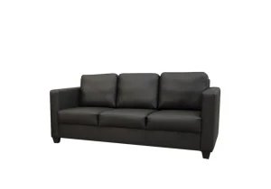 A compact modern faux leather three-seater sofa with large back cushions, shown in a living room.