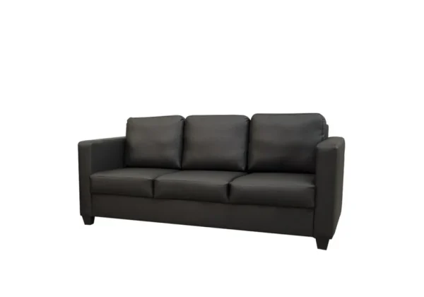 A compact modern faux leather three-seater sofa with large back cushions, shown in a living room.