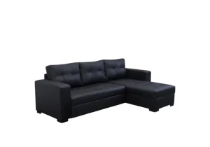 The Giani Corner Sofa Bed in a left-hand configuration, showcasing its large back cushions, wooden legs, and integrated storage compartment.