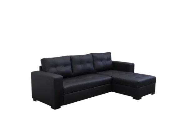 The Giani Corner Sofa Bed in a left-hand configuration, showcasing its large back cushions, wooden legs, and integrated storage compartment.