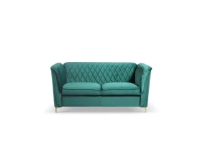 Elegant 2-seater sofa in teal velvet, featuring a unique backrest and golden metal legs.