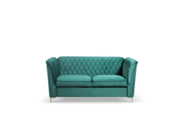 Elegant 2-seater sofa in teal velvet, featuring a unique backrest and golden metal legs.