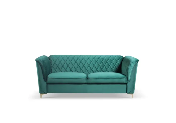 Elegant 3-seater sofa in emerald green velvet, featuring a unique backrest and sleek gold metal legs.