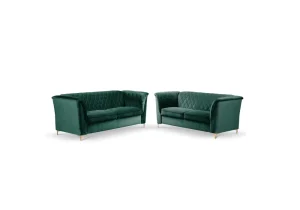 Luxurious velvet 3+2 sofa set with gold legs in a blue colour, shown in a modern living room.