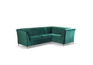 Left-handed velvet corner sofa with an original backrest and elegant gold-toned legs.