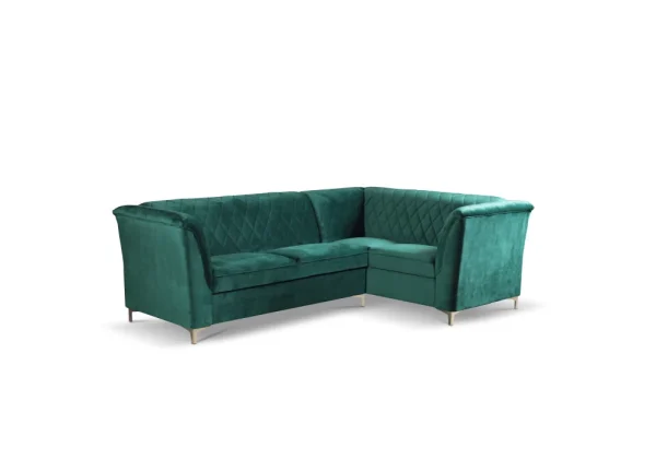 Left-handed velvet corner sofa with an original backrest and elegant gold-toned legs.